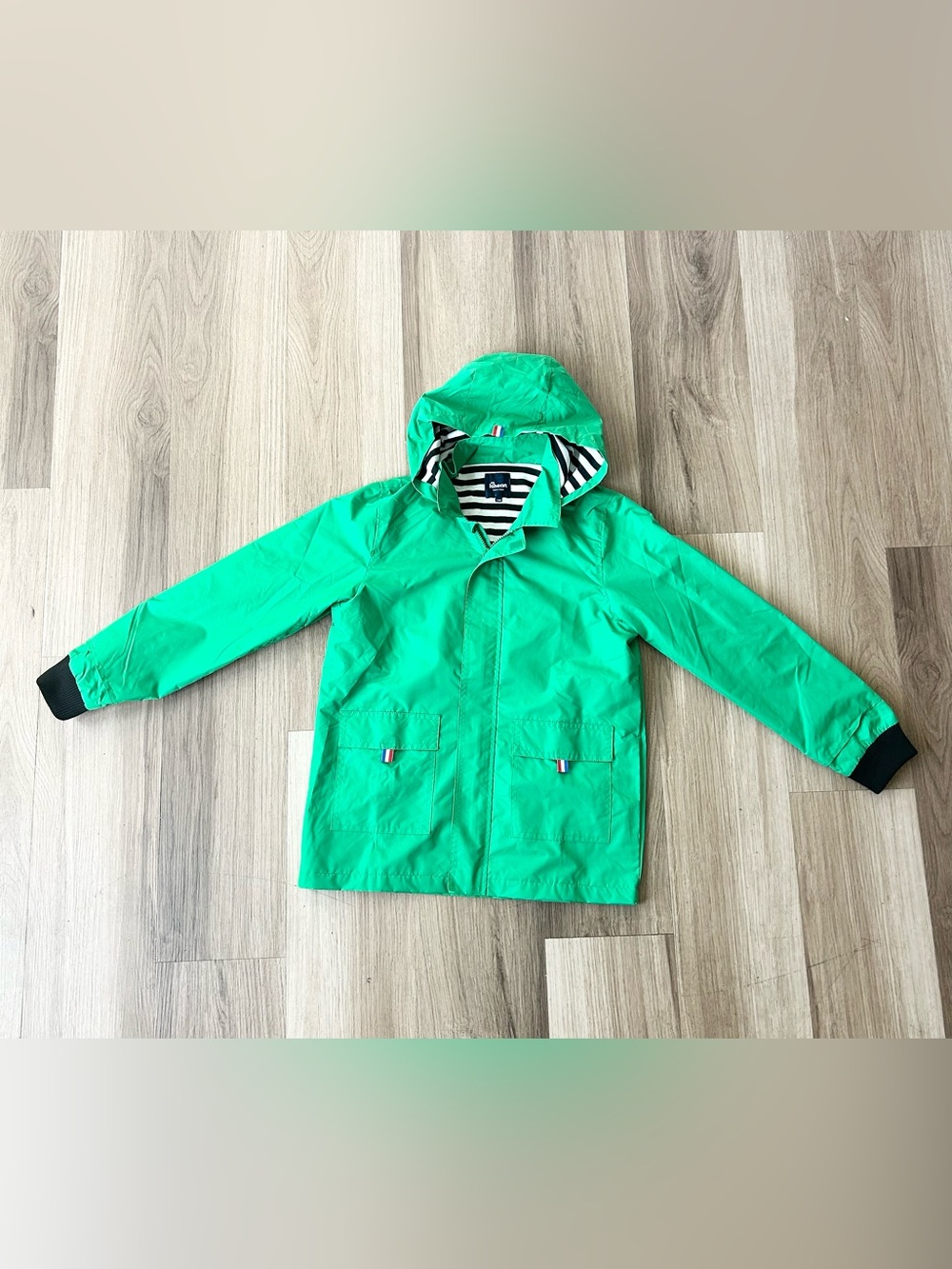Hiheart Kids Hooded Raincoat in Bright Green with Striped Lining